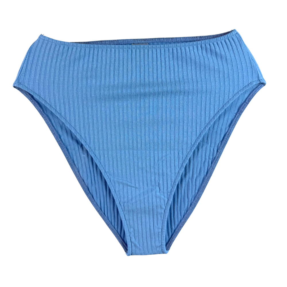 A pair of high-waisted, ribbed bikini bottoms in a medium blue color, shown flat against a plain white background.