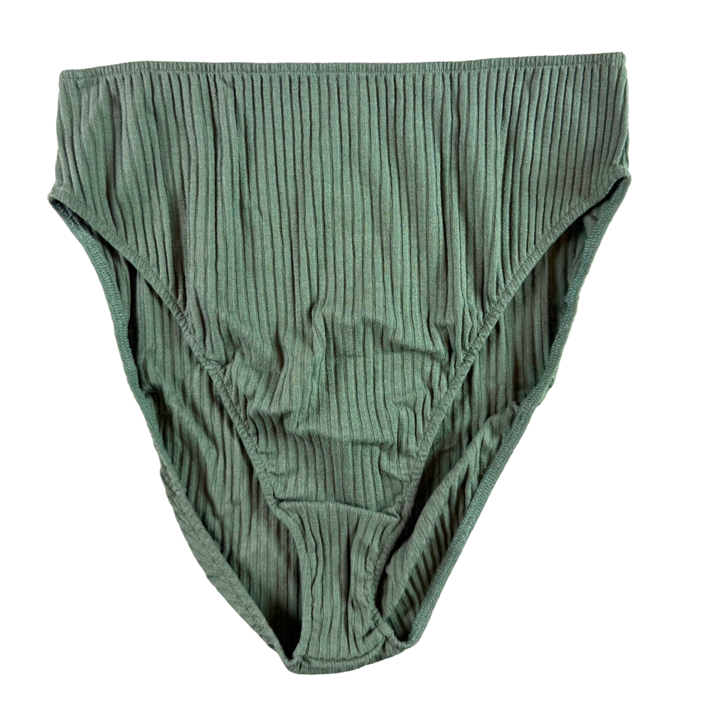 A pair of sage green ribbed bikini bottoms laid flat against a solid white background.