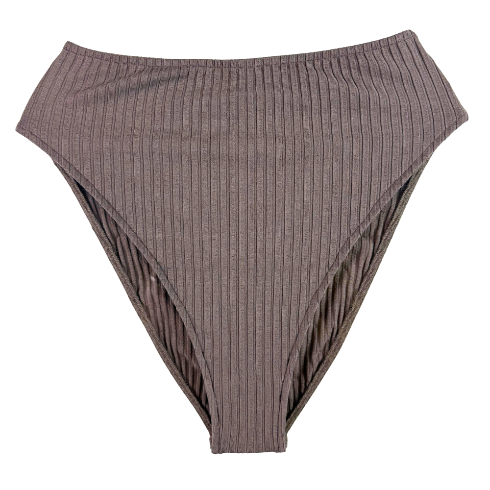 A pair of high-waisted, ribbed bikini bottoms in a muted taupe-brown color, shown flat against a solid white background.