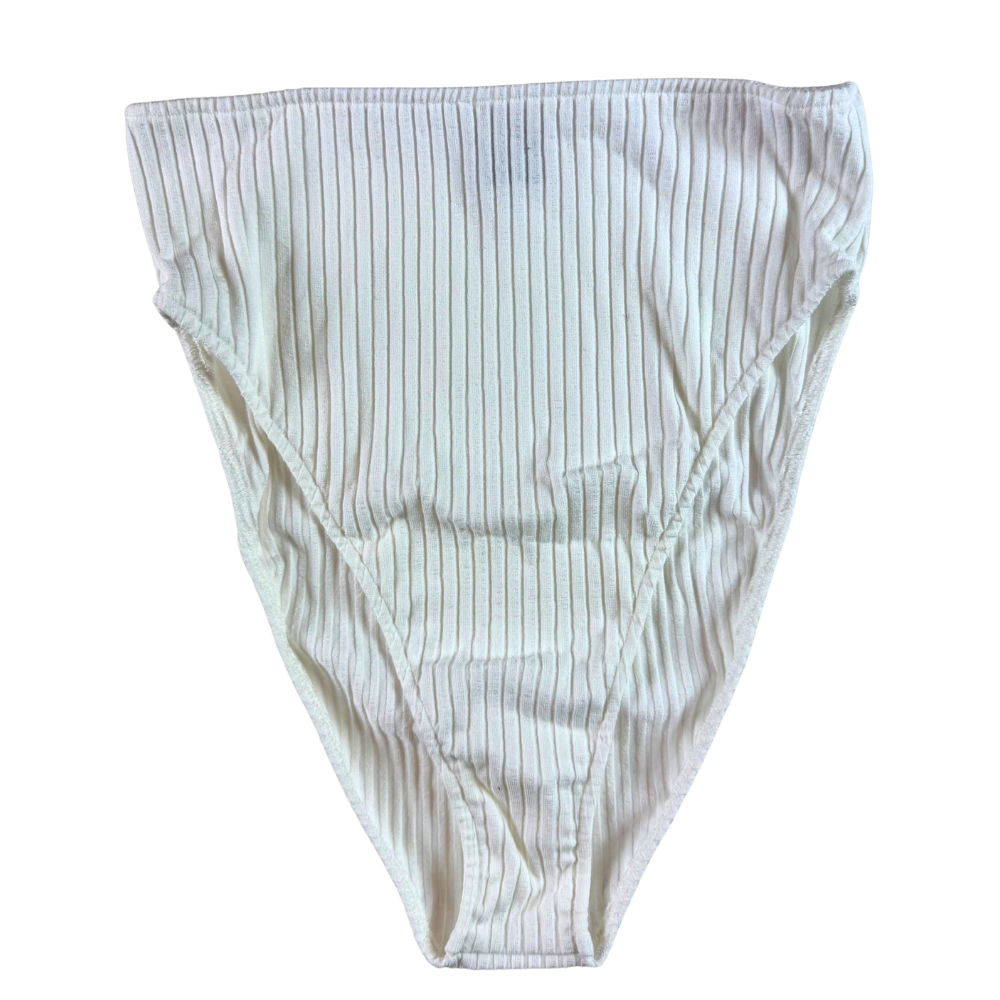 A pair of white ribbed bikini bottoms with a high waistband, laid flat against a white background.