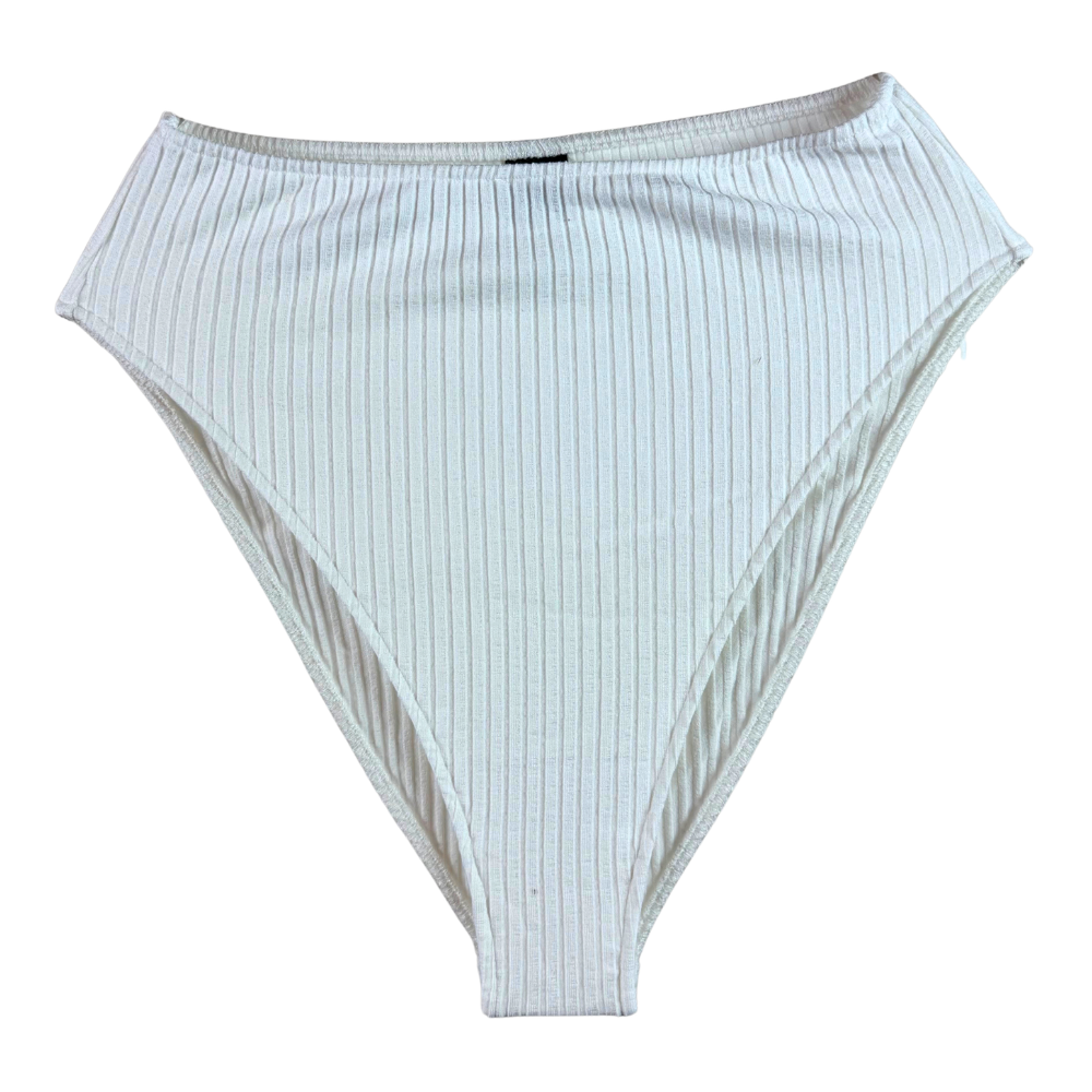 A white ribbed high-waisted bikini bottom with a high-cut leg and a small black brand tag at the center waistband, shown against a plain white background.
