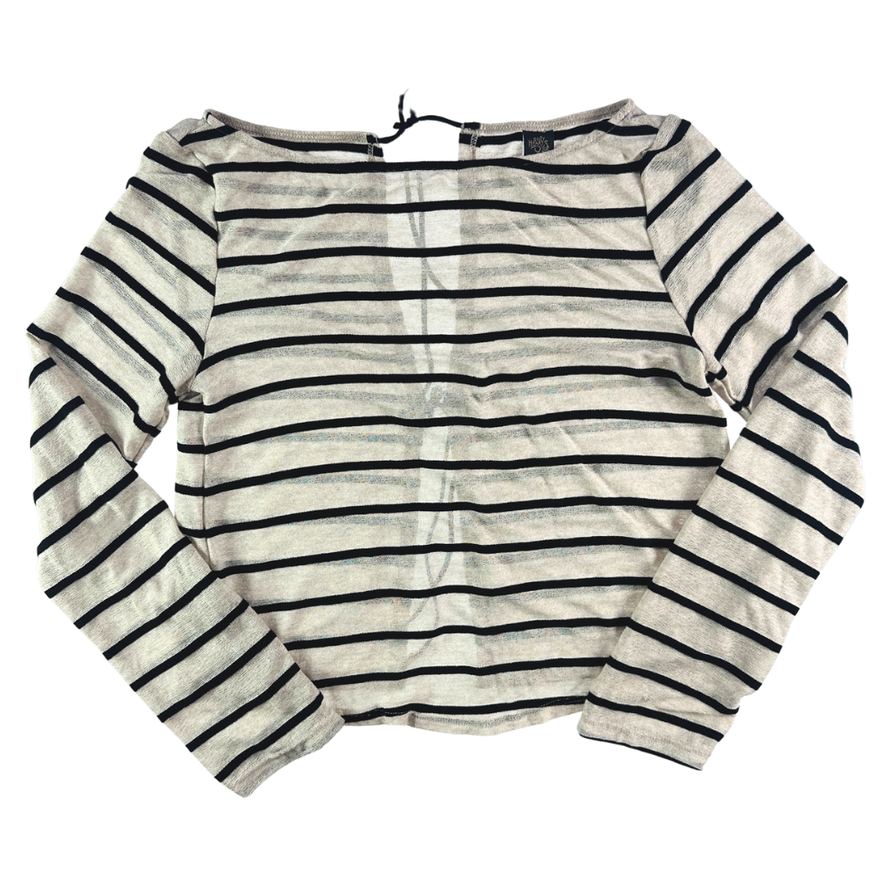 A long-sleeve knit top with horizontal black stripes on a cream-colored background, laid flat against a white background.