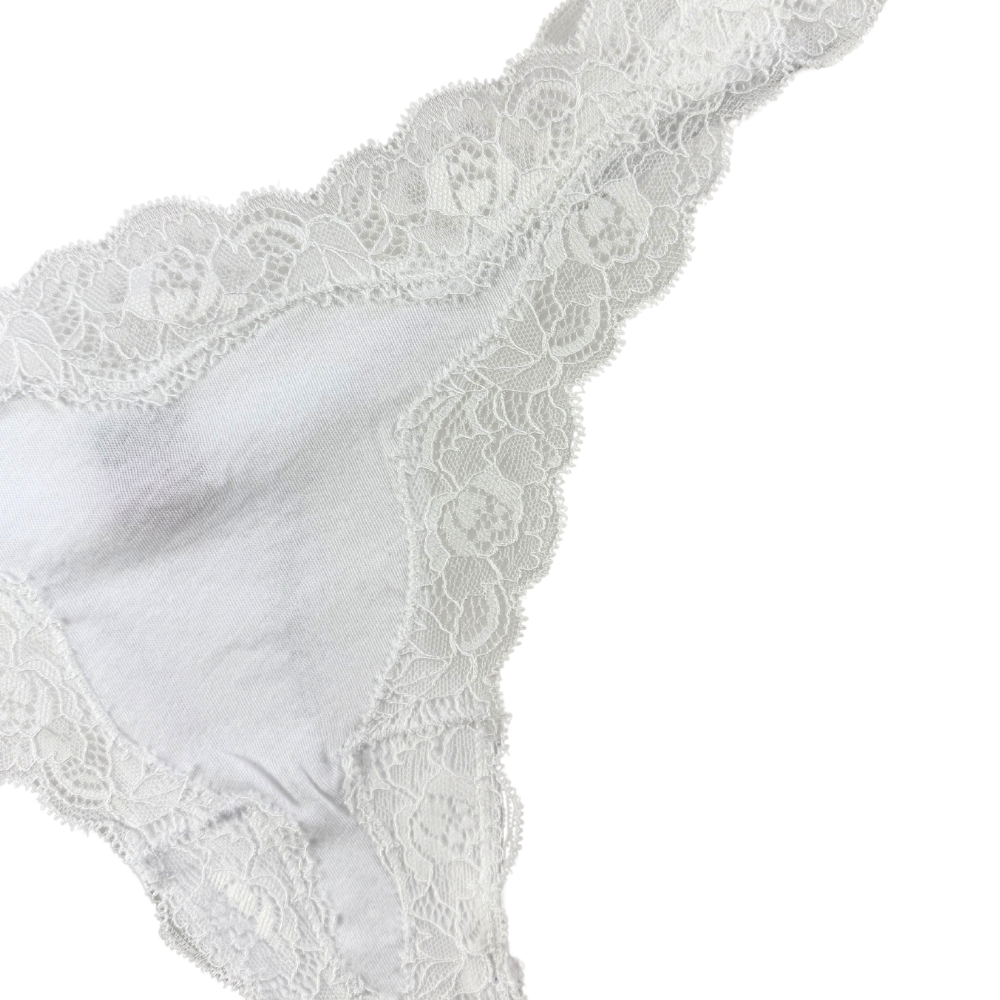 White lace-trimmed underwear on a white background