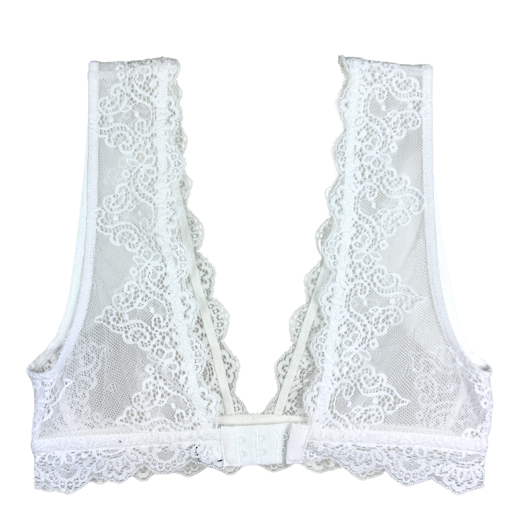 White lace bralette on a white background