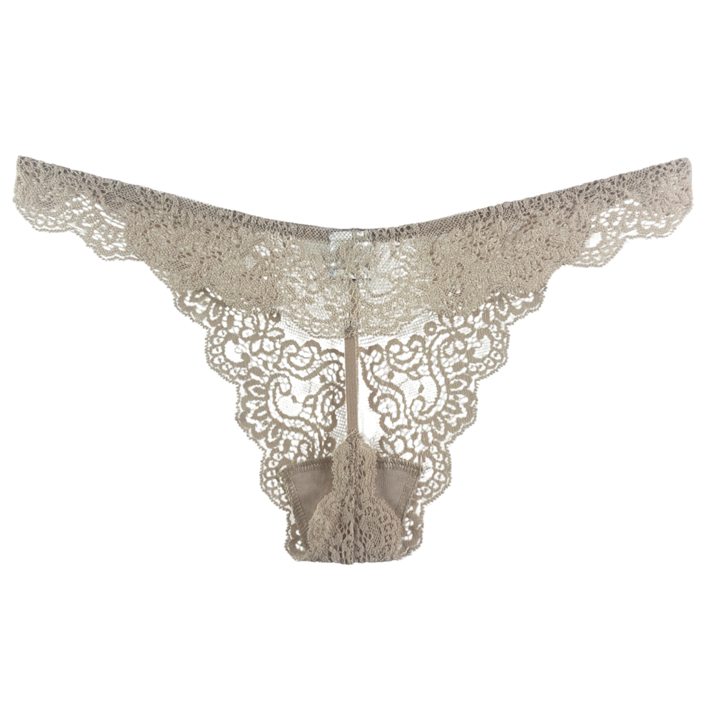 A pair of low-rise lace thong panties in a light beige or champagne color, featuring intricate floral lace patterns and a small central bow, shown against a plain white background.