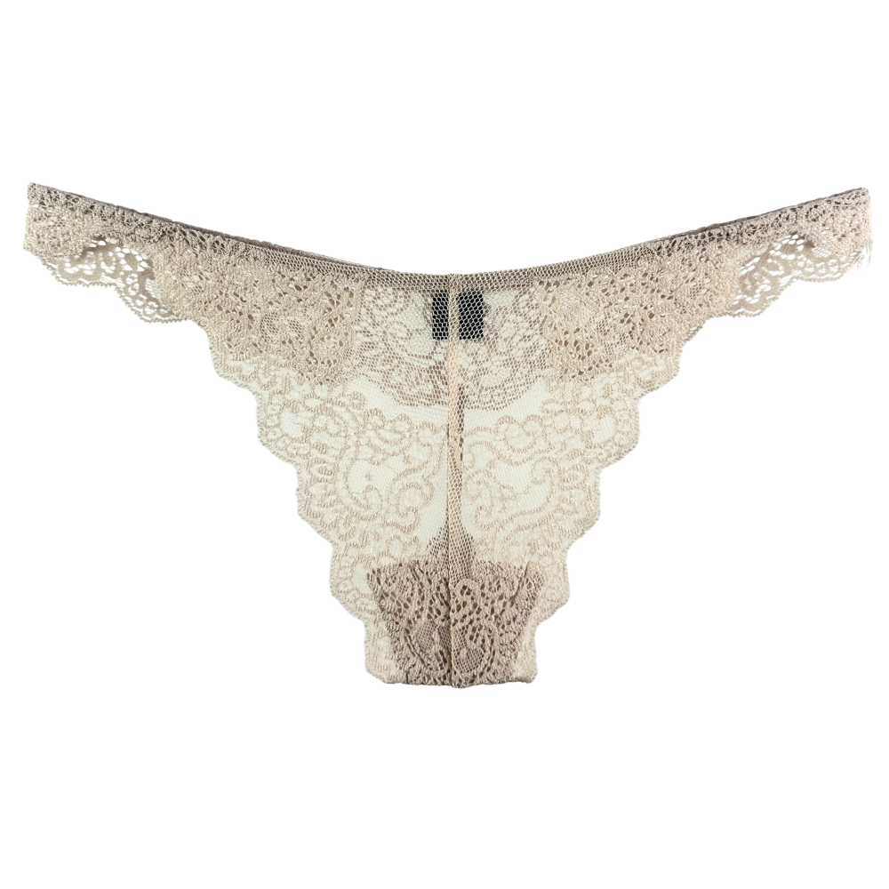 Beige lace thong underwear with a sheer mesh center and scalloped edges, shown flat against a white background.