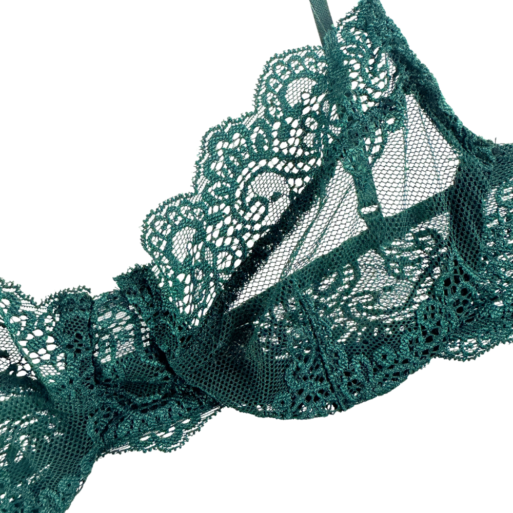 Close-up of a dark green lace lingerie band with intricate floral patterns and scalloped edges on a white background.