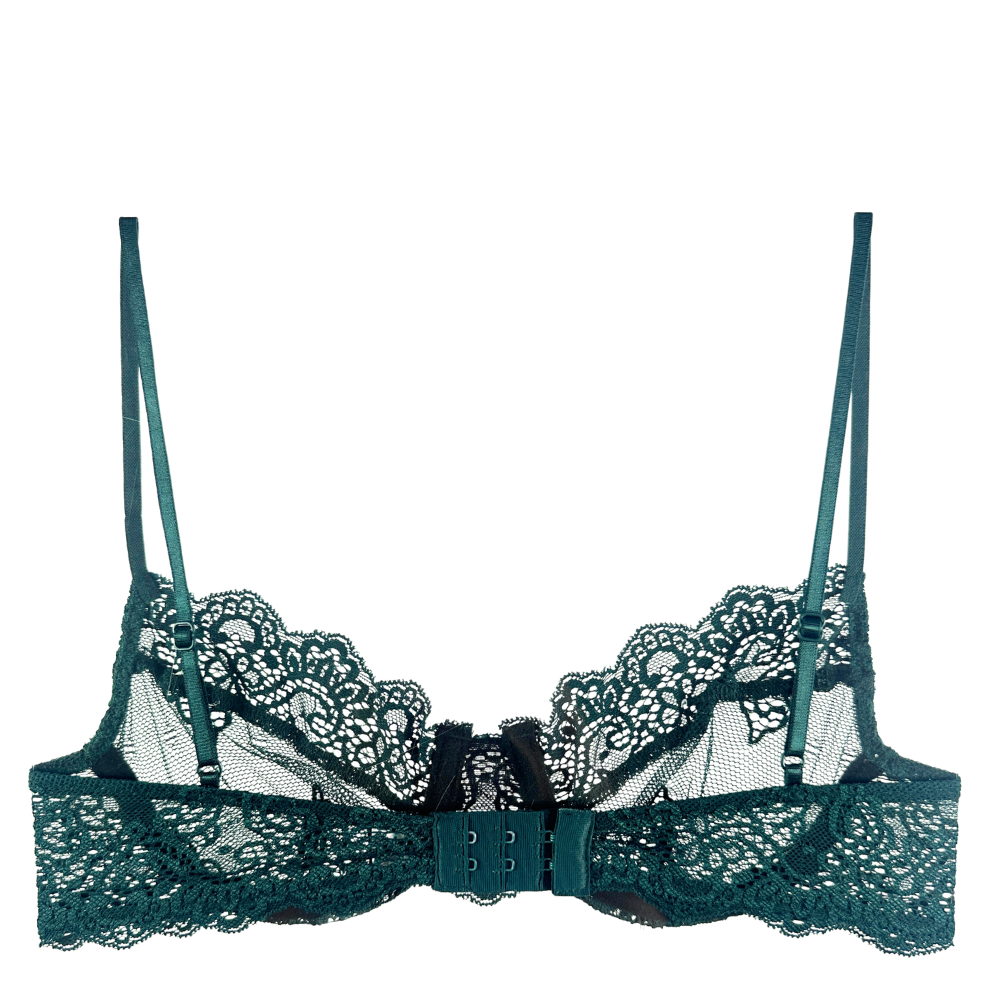 A dark teal green lace bra with thin adjustable straps and a central hook-and-eye closure, shown against a plain white background.