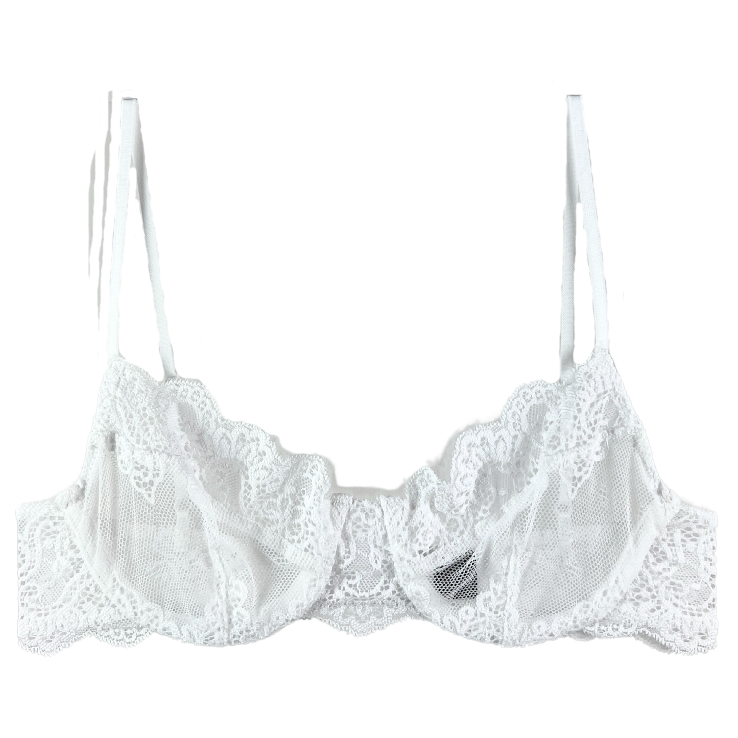A white lace underwire bra with see-through cups and adjustable straps, made in the USA.