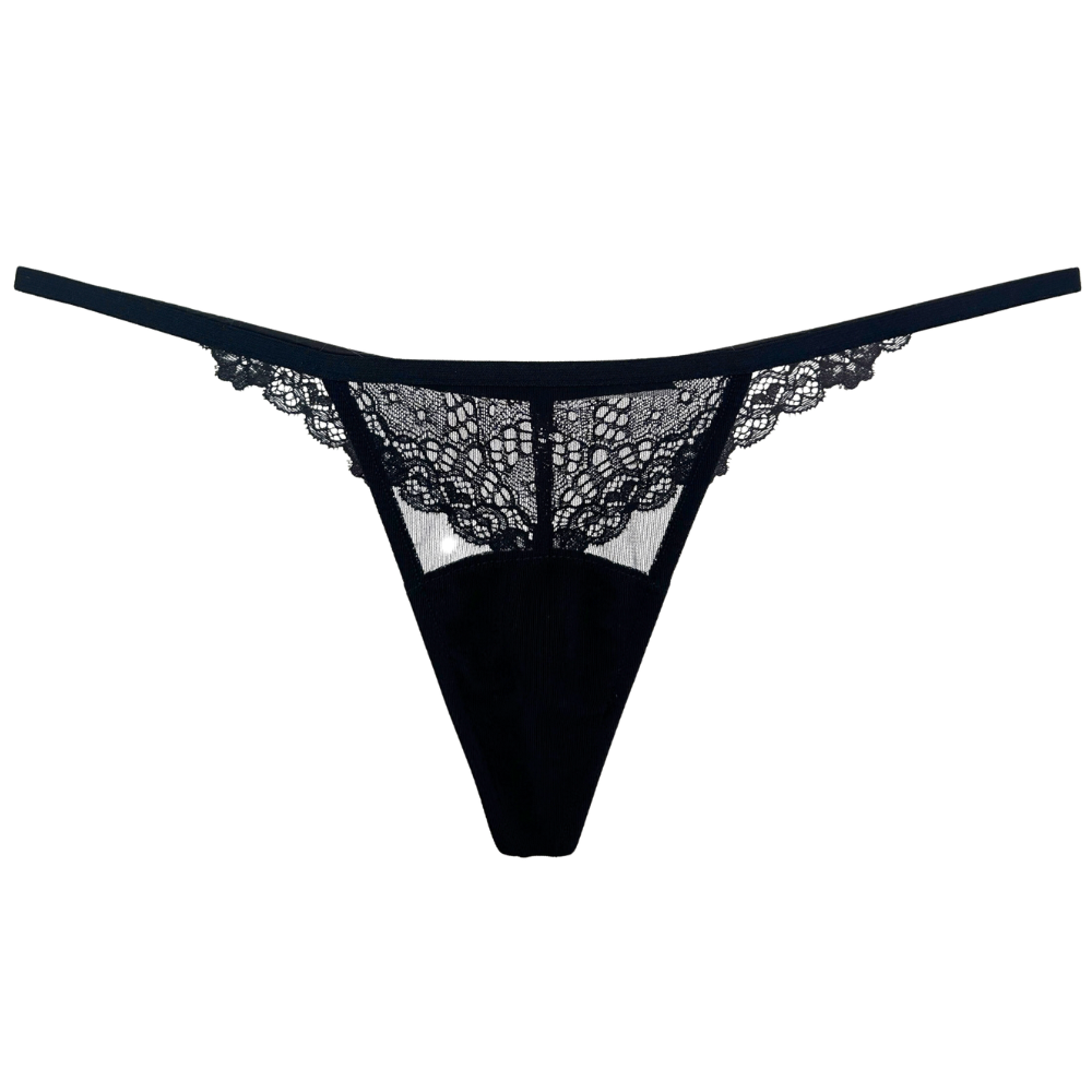 black lace and mesh thong against a white background.