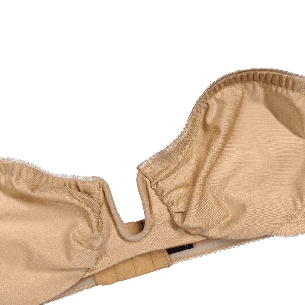 Only hearts second skin strapless bra in beige, on a white background, extreme close-up.