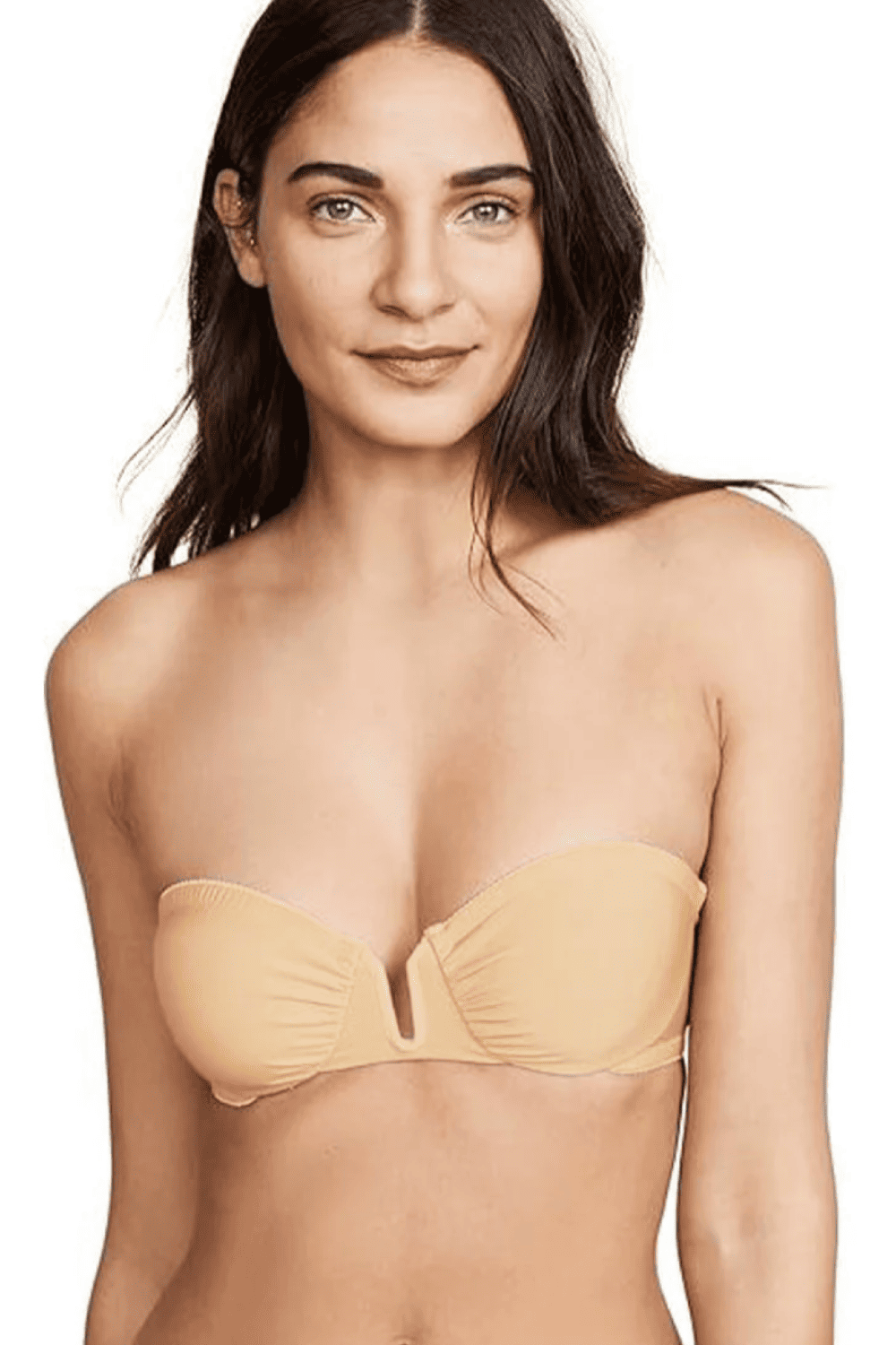 Only hearts second skin strapless bra in beige, front view on a model, close-up.