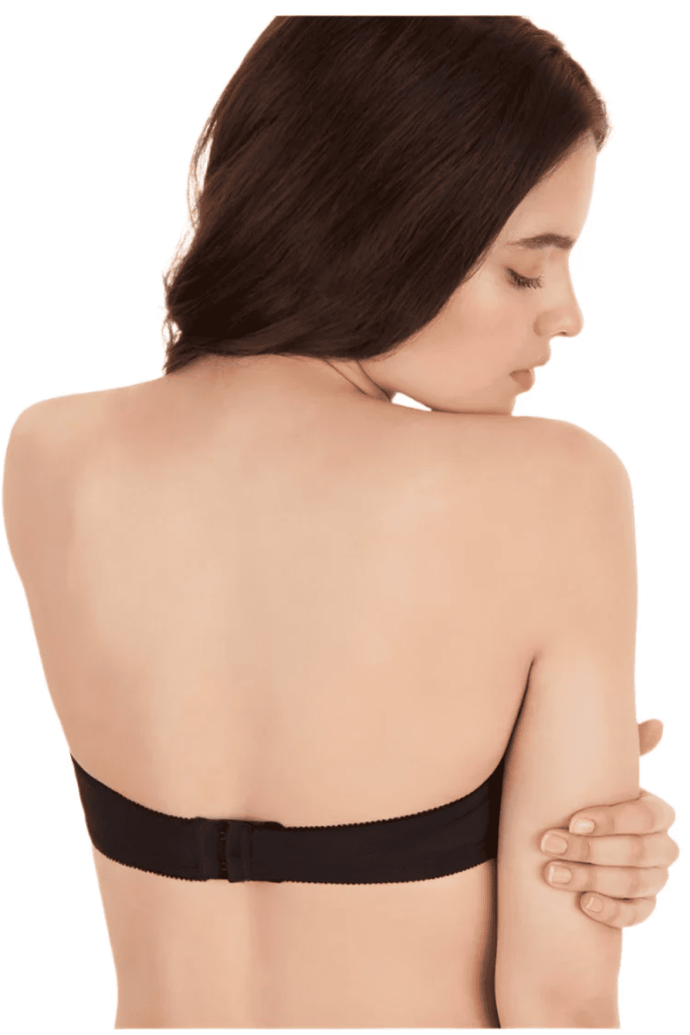 Only hearts second skin strapless bra in beige, back view on a model, close-up.
