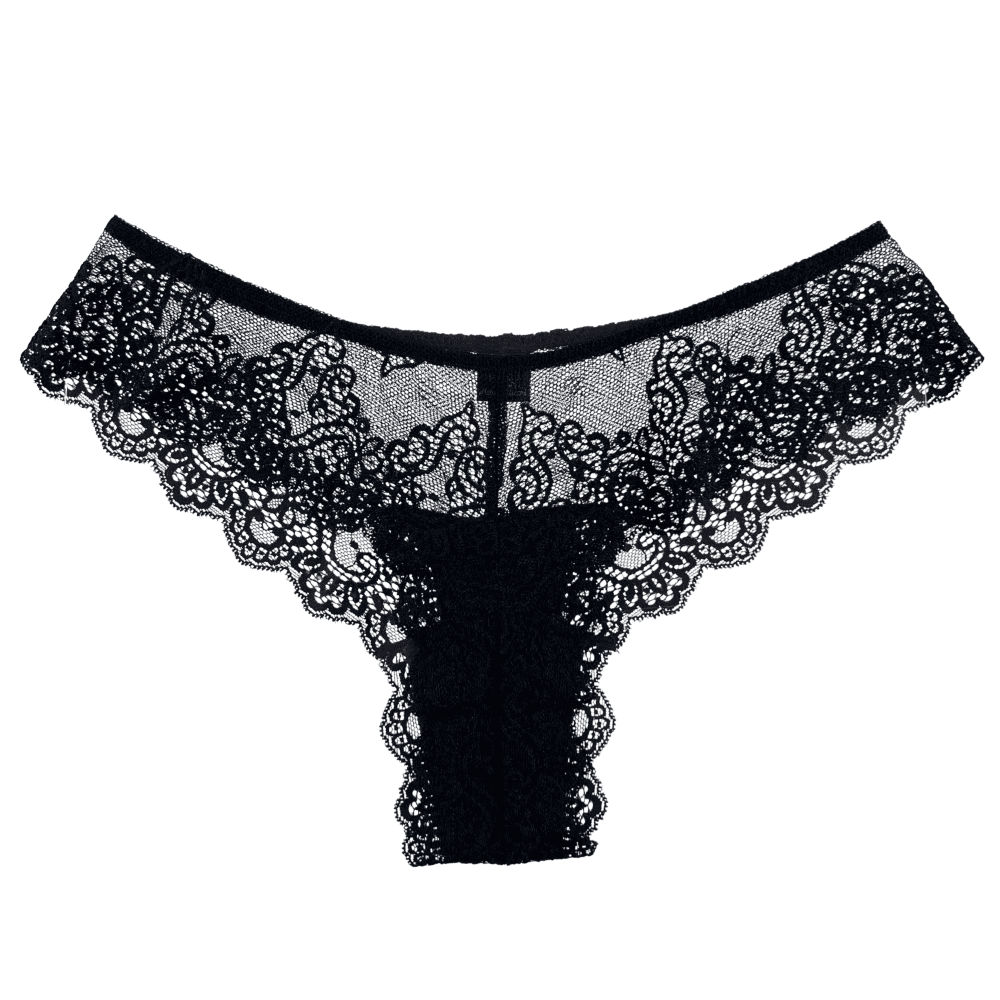 Only hearts so fine lace brazilian bikini in black, on a white background, close-up.