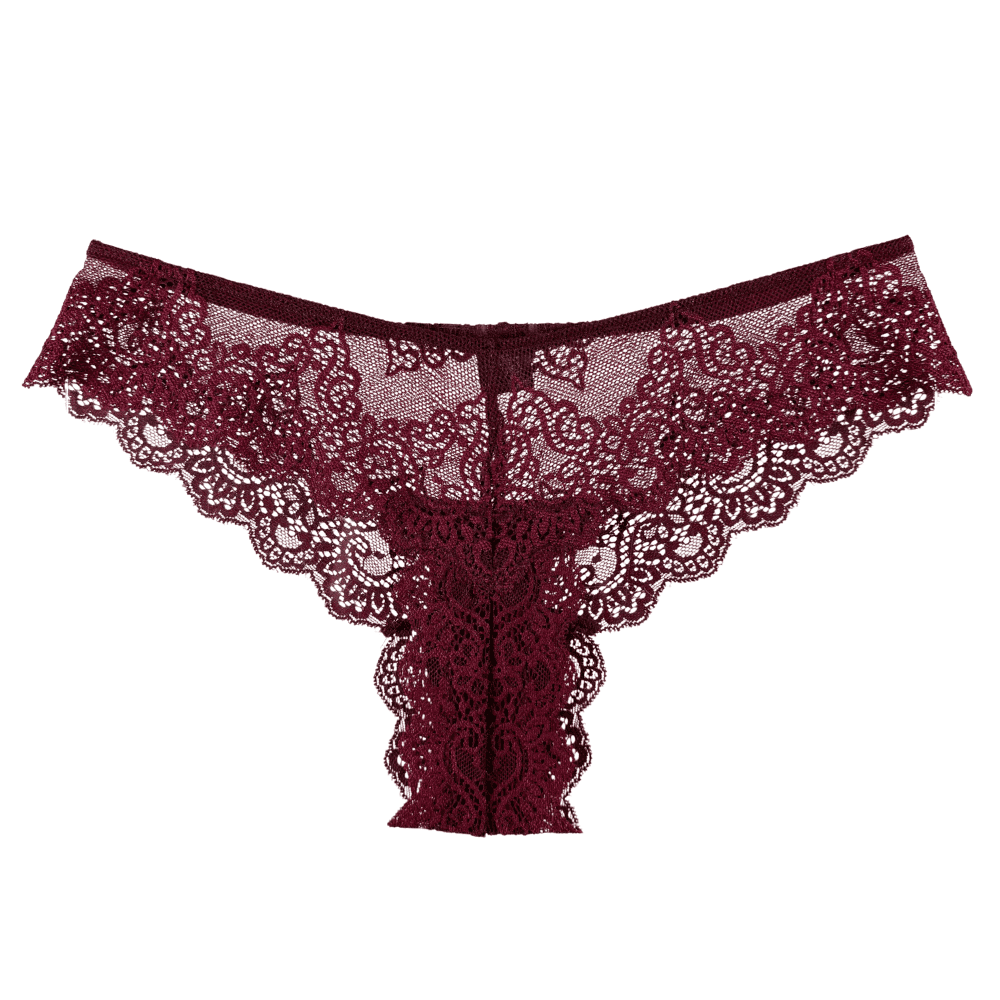 Only hearts so fine lace brazilian bikini in blackberry, on a white background, close-up.