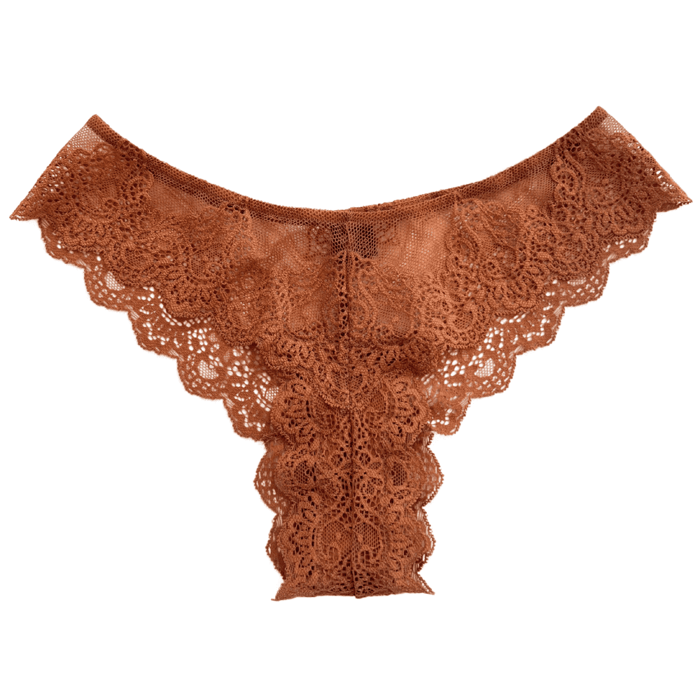 Only hearts so fine lace brazilian bikini in raw sugar, on a white background, close-up.