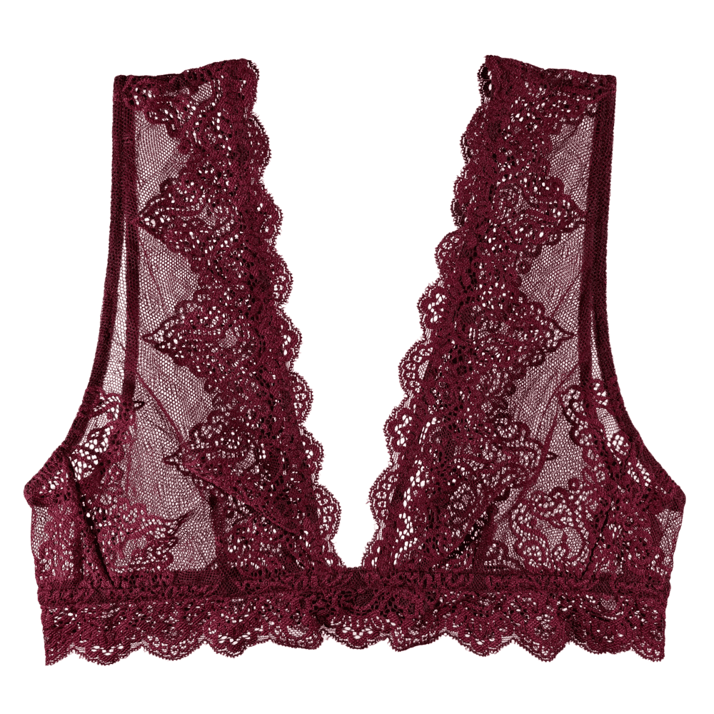 Only hearts so fine lace tank bralette in blackberry, on a white background, close-up.