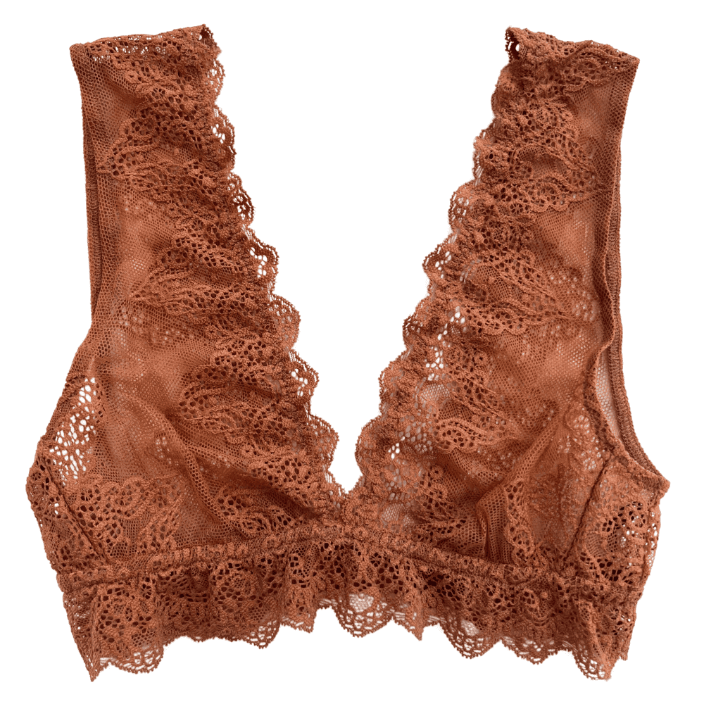 Only hearts so fine lace tank bralette in raw sugar, on a white background, close-up.