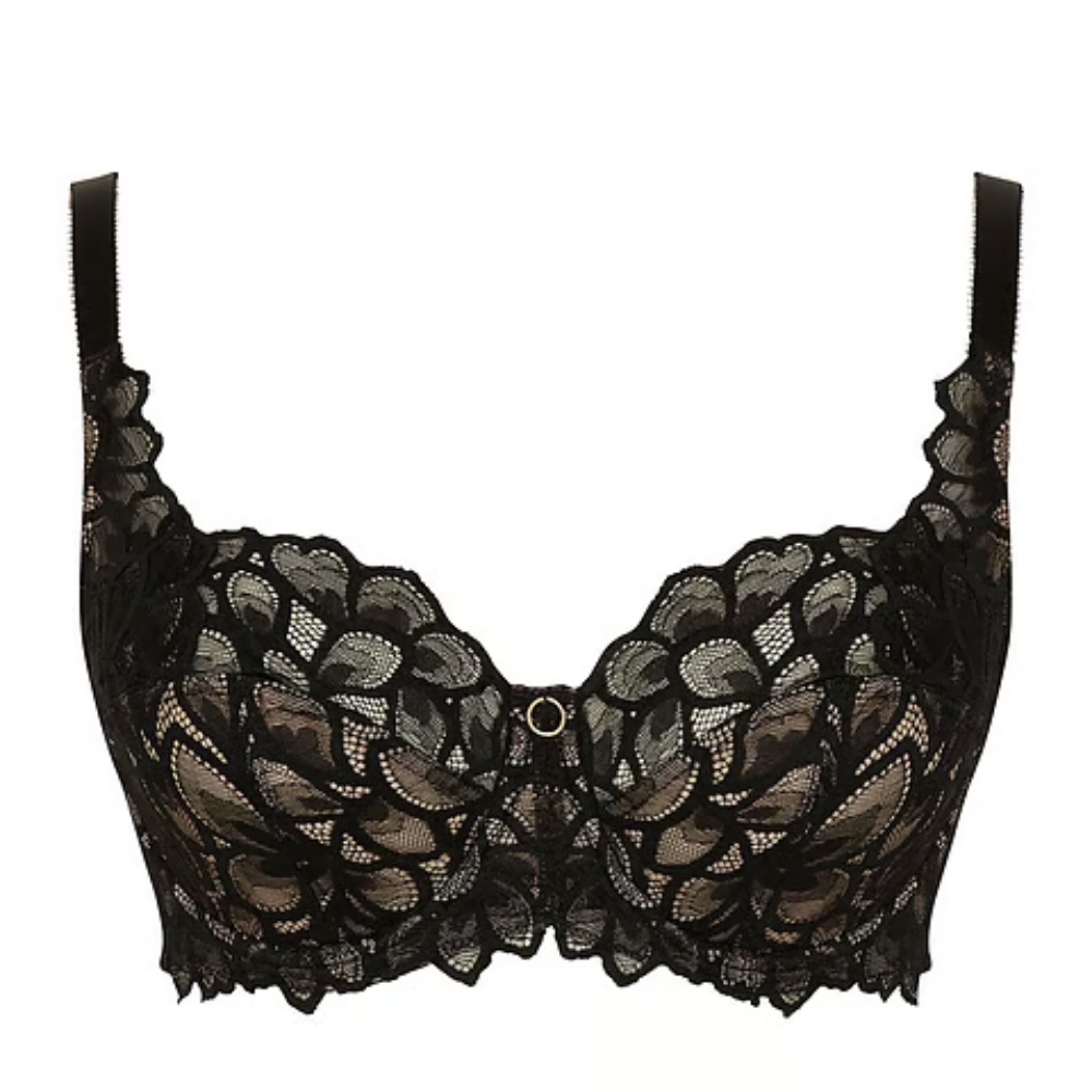 black lace bra against a white background.