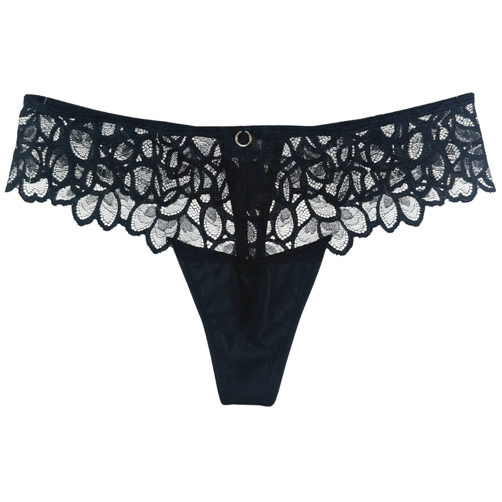 Black lace thong underwear with a wide floral lace waistband and a small gold ring detail at the center front, shown against a plain white background.