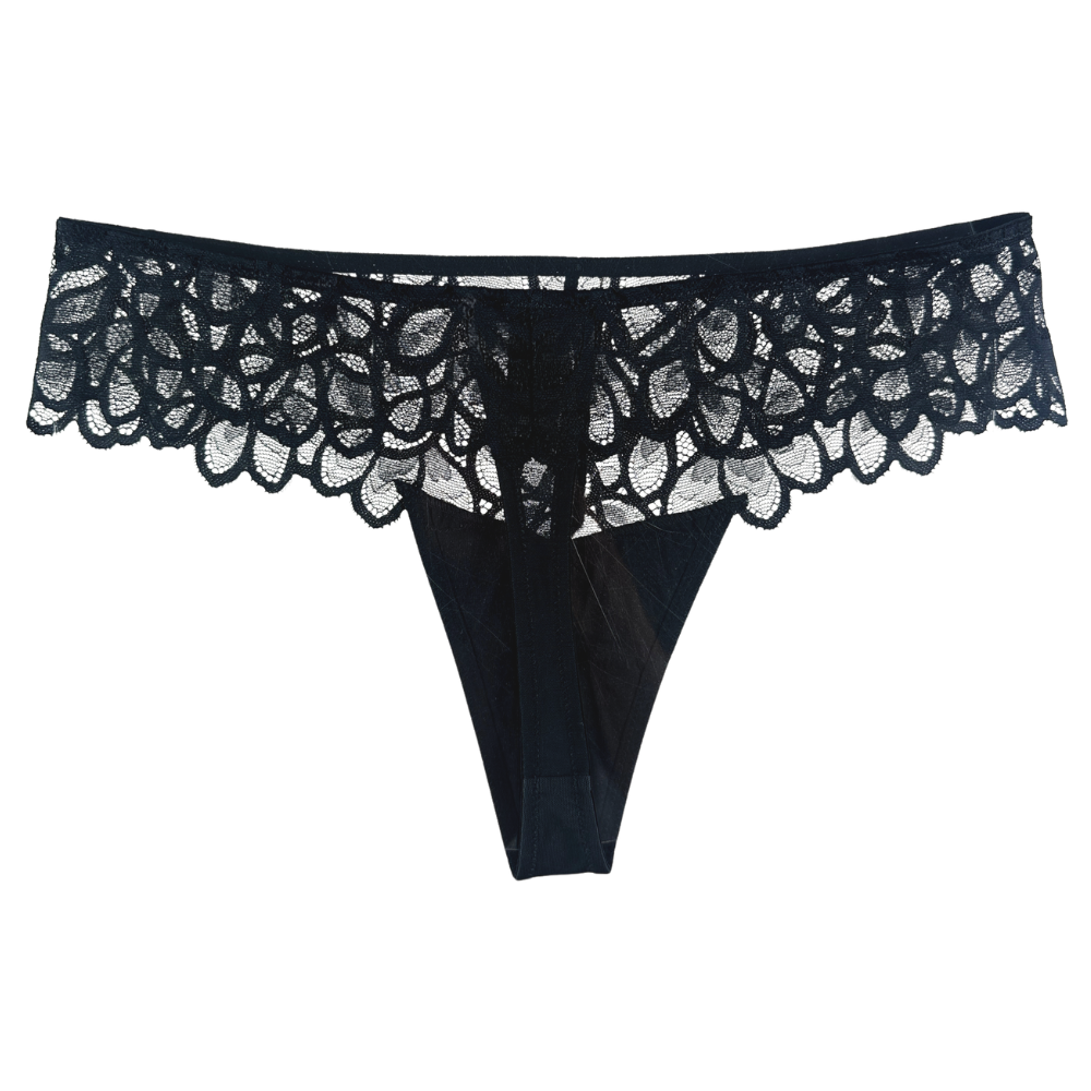 Black lace thong underwear with a sheer floral lace waistband and solid black fabric body, shown flat on a white background.