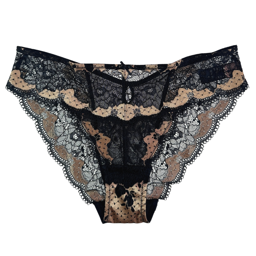 black and gold Lacey underwear against a white background.