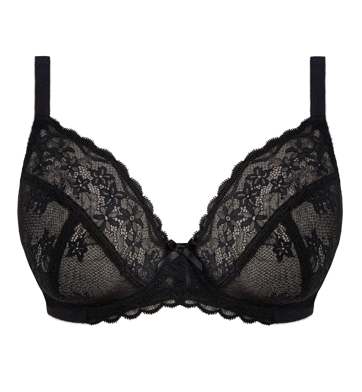 A black lace full-cup plunge bra on a white background. 