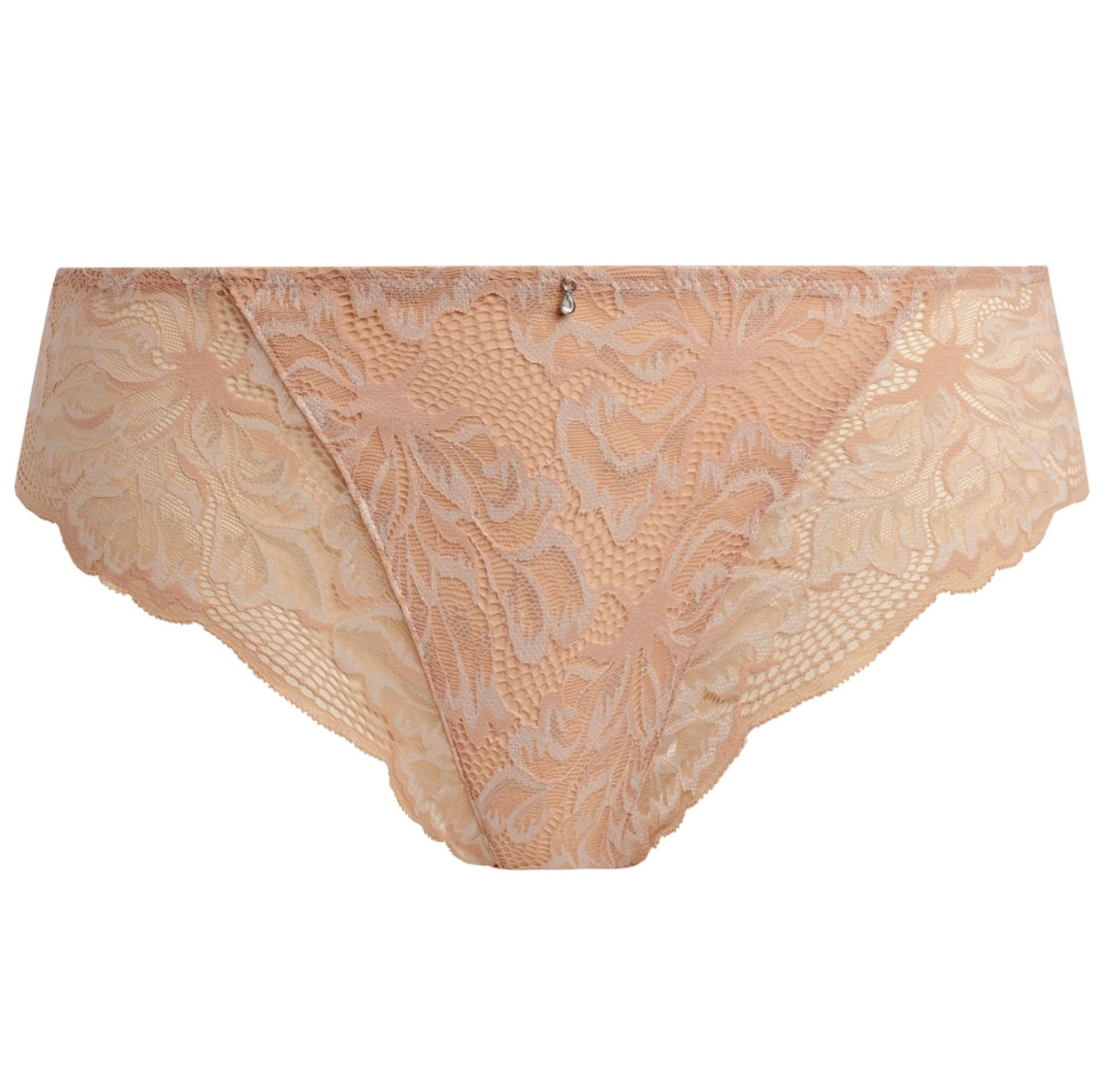 Beige lace panties with a floral pattern and scalloped edges, shown flat against a white background.