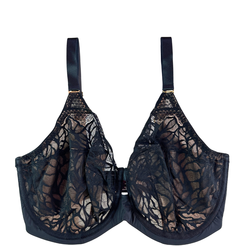 black lace bra against a white background.