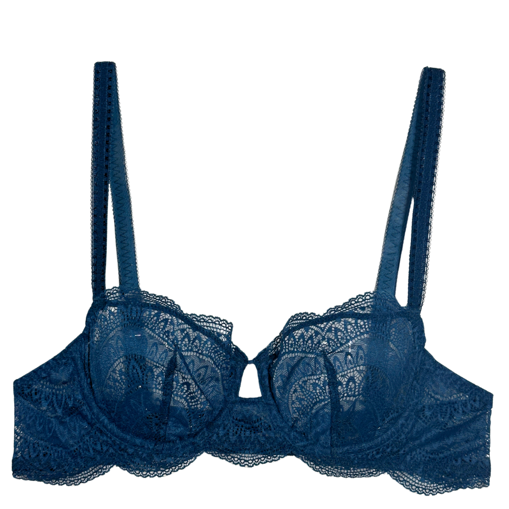 A dark blue lace underwire bra with wide shoulder straps and a scalloped lace trim along the cups and lower band, shown against a plain white background.