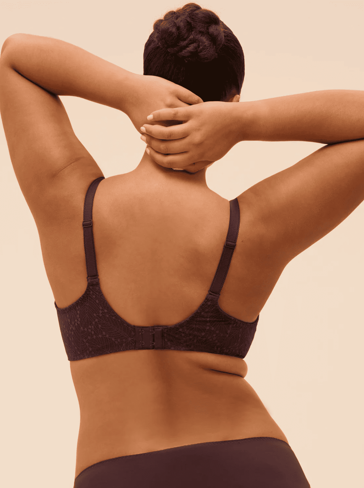 Simone Perele Comete full cup bra in dark brown, back view on a model, close-up.