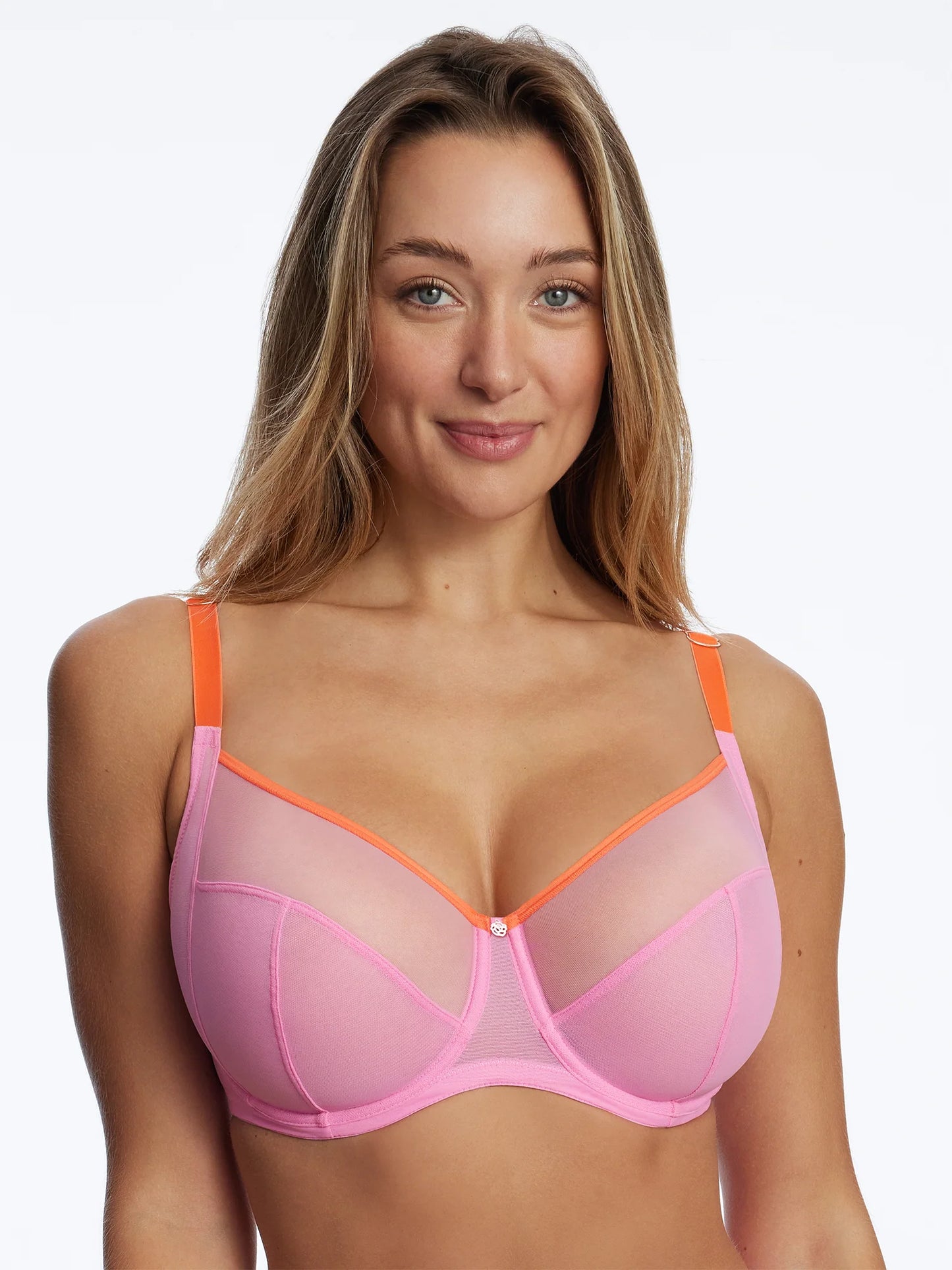 This image displays the Skarlett Blue Spellbound Full Coverage Underwire bra in a vibrant blue color, showcased on a model to highlight its fit and design. The bra boasts fully adjustable straps to ensure a comfortable and customizable fit for a variety of body types, including full busted and petite figures.