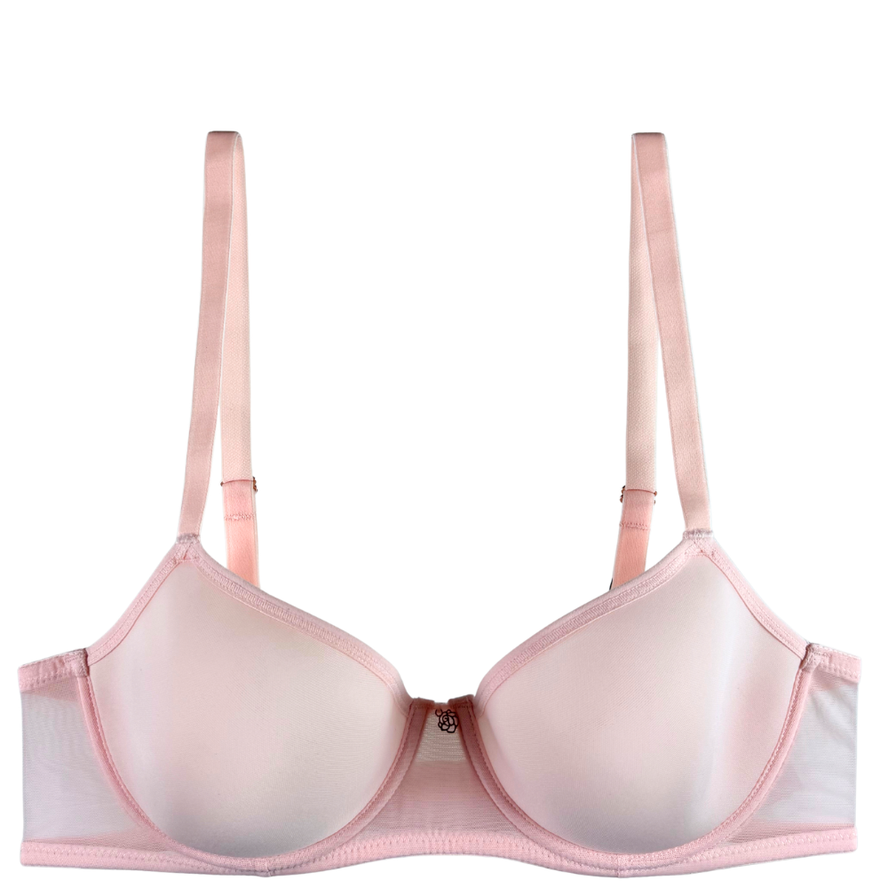 A light pink wireless underwire bra with adjustable shoulder straps and a center hook closure, shown against a plain white background.