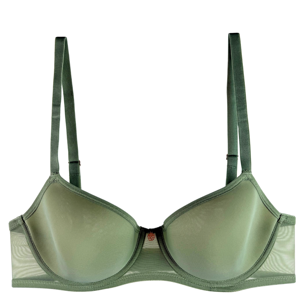 An olive green wireless bra with mesh side panels and adjustable shoulder straps, shown against a plain white background.