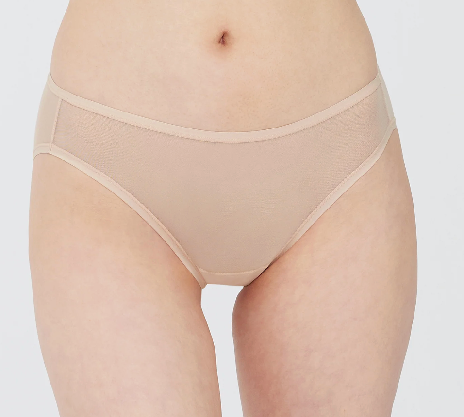 A close-up of a model's lower torso wearing high-waisted, low-rise sheer mesh panties in a light beige color, set against a plain light gray background.