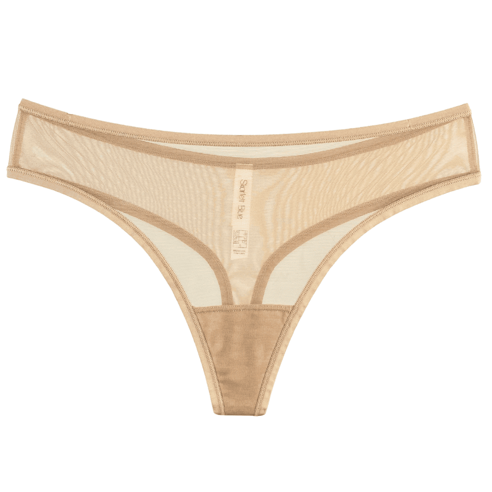 Skarlett blue spellbound nylon thong, front view on white background, close-up.