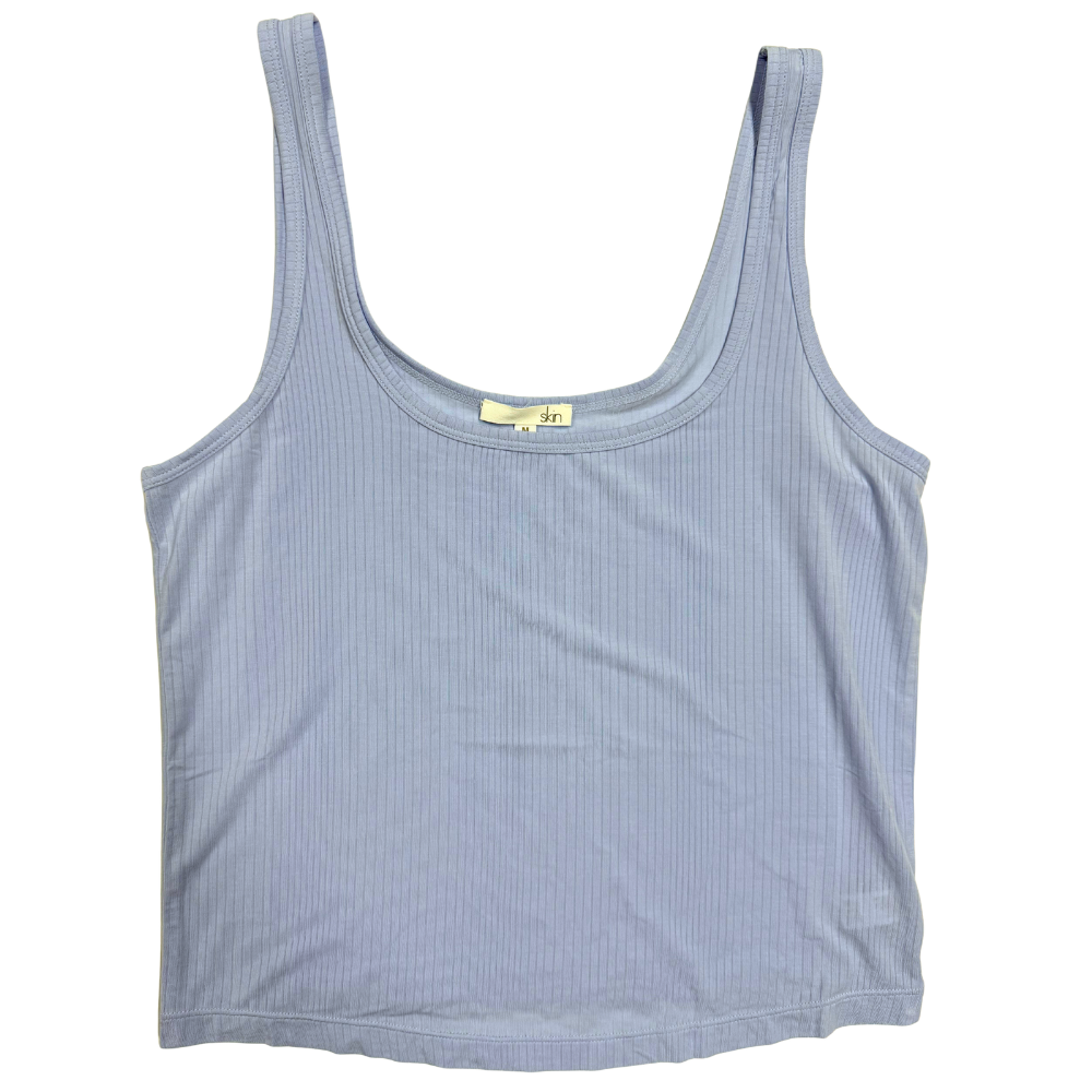 blue ribbed tank top against a white background
