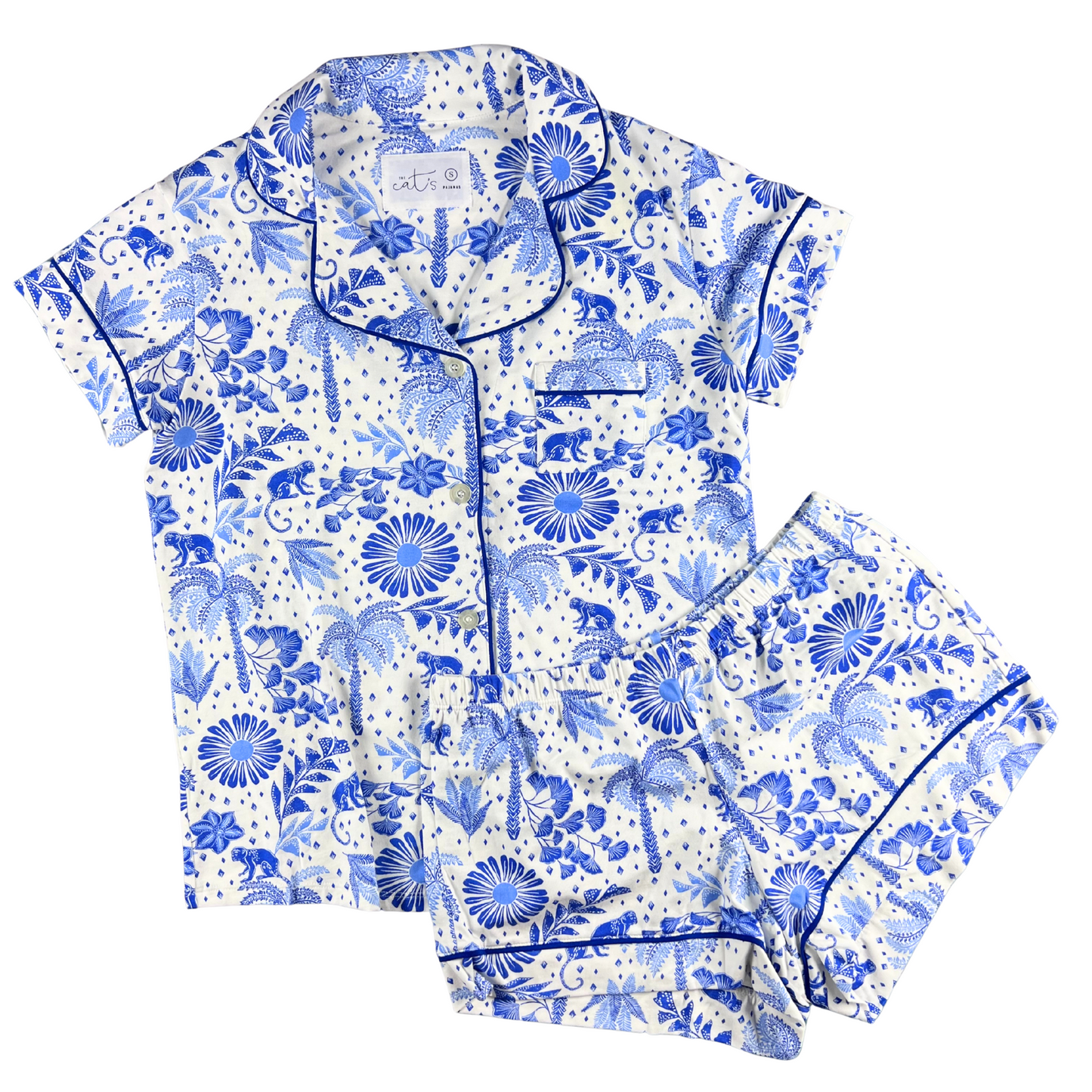 Blue floral pajama set on a white background