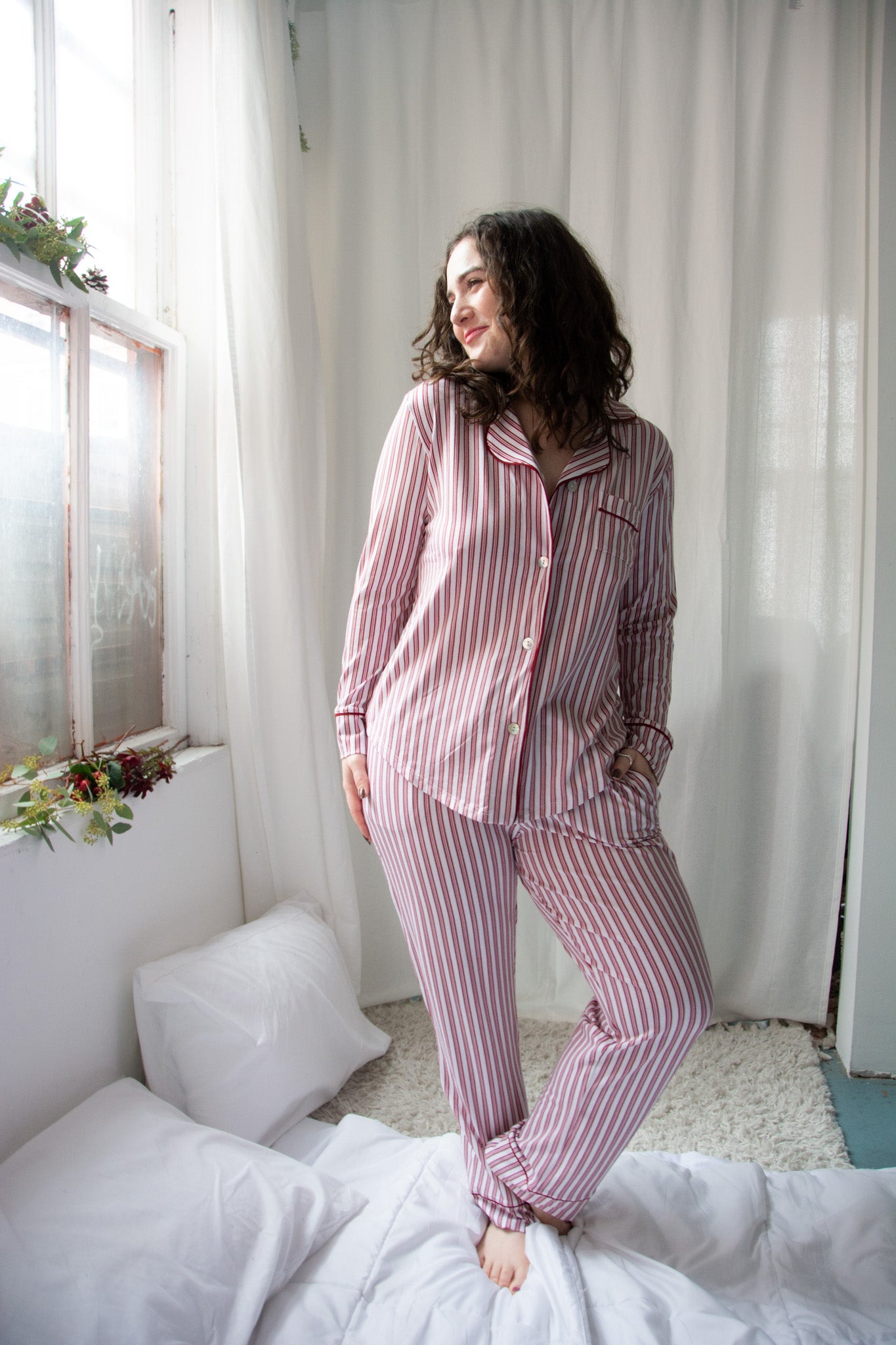 The Cat's Pajamas Holiday Stripe Pima Knit Long Sleeved Pajama