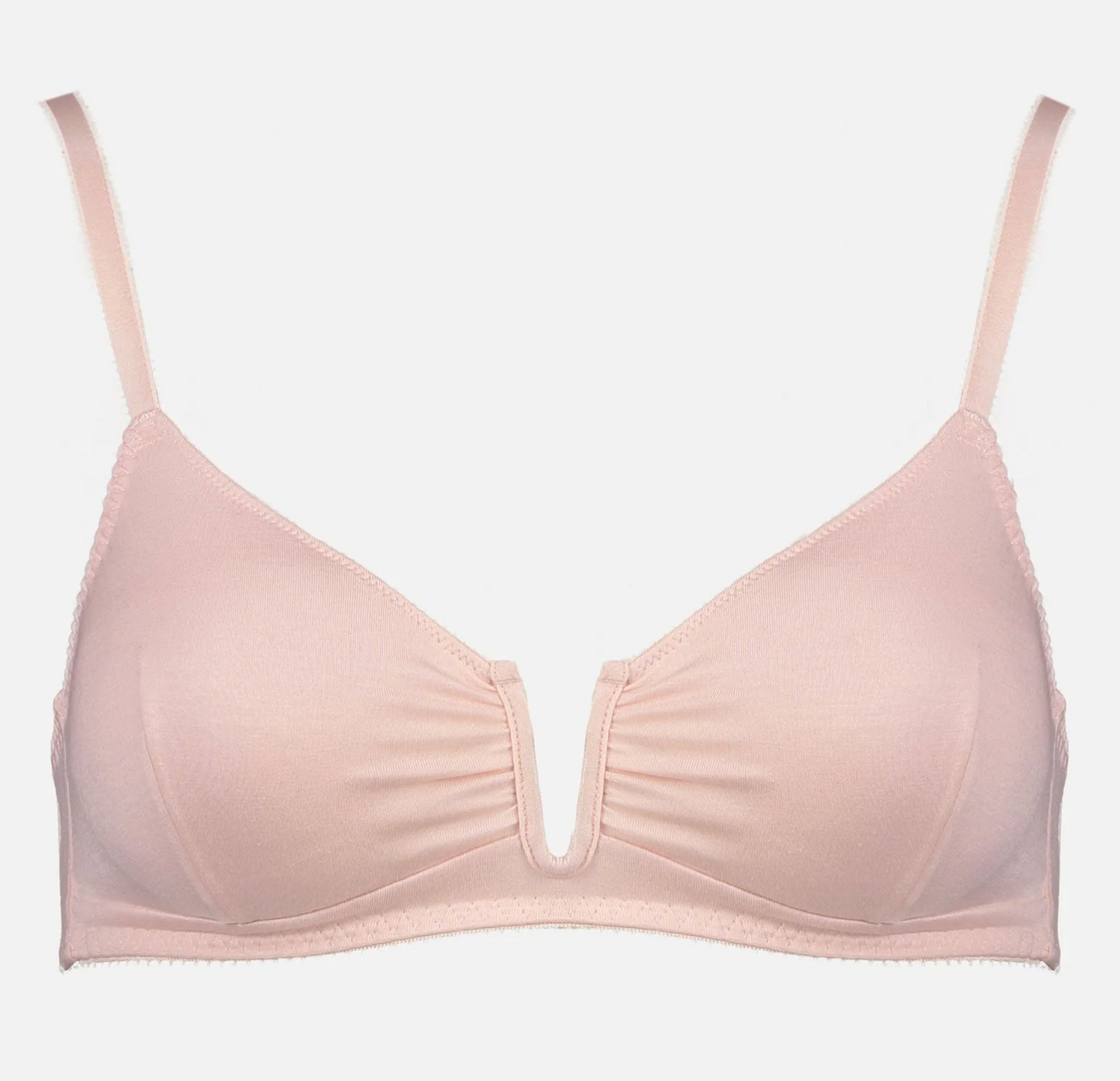A light pink underwire bra with thin shoulder straps and a gathered center front, shown against a plain white background.