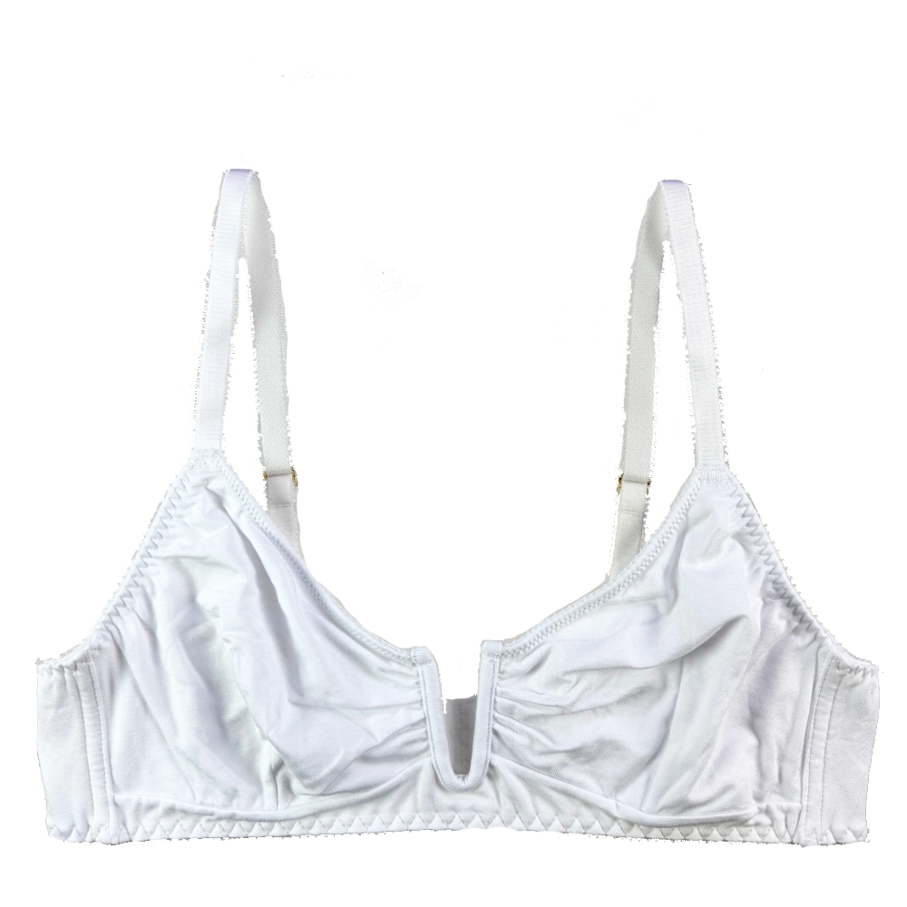 White bra with thin straps on a white background
