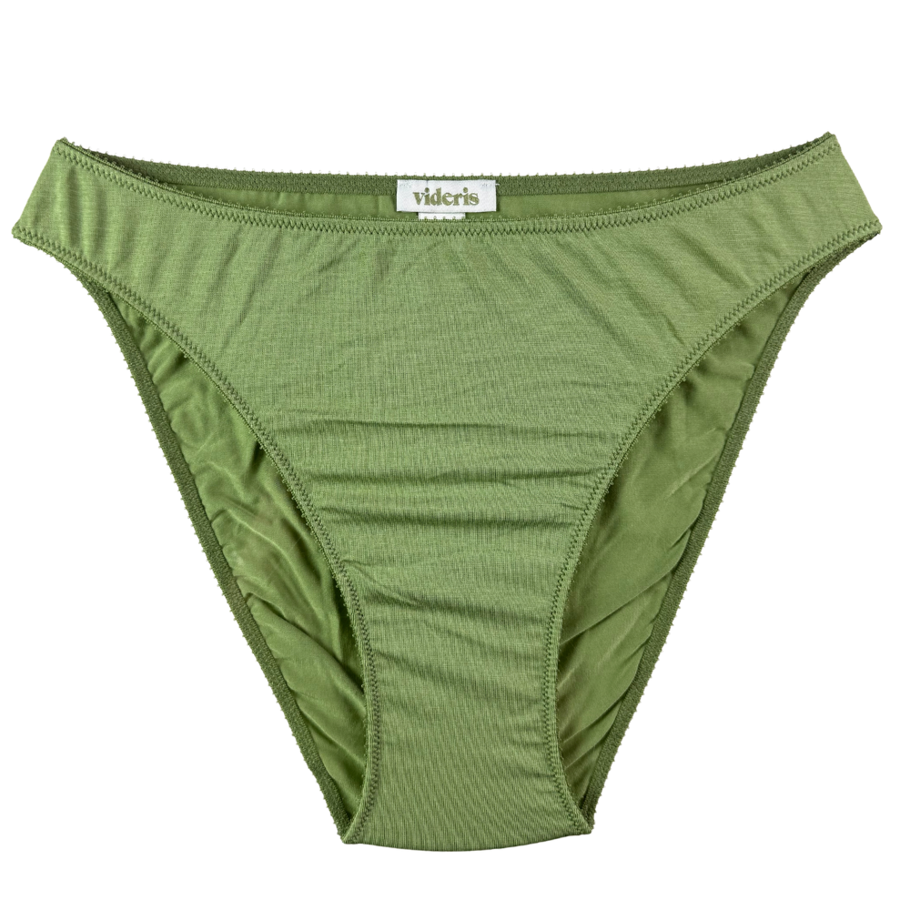 Green underwear with a visible brand label on a white background