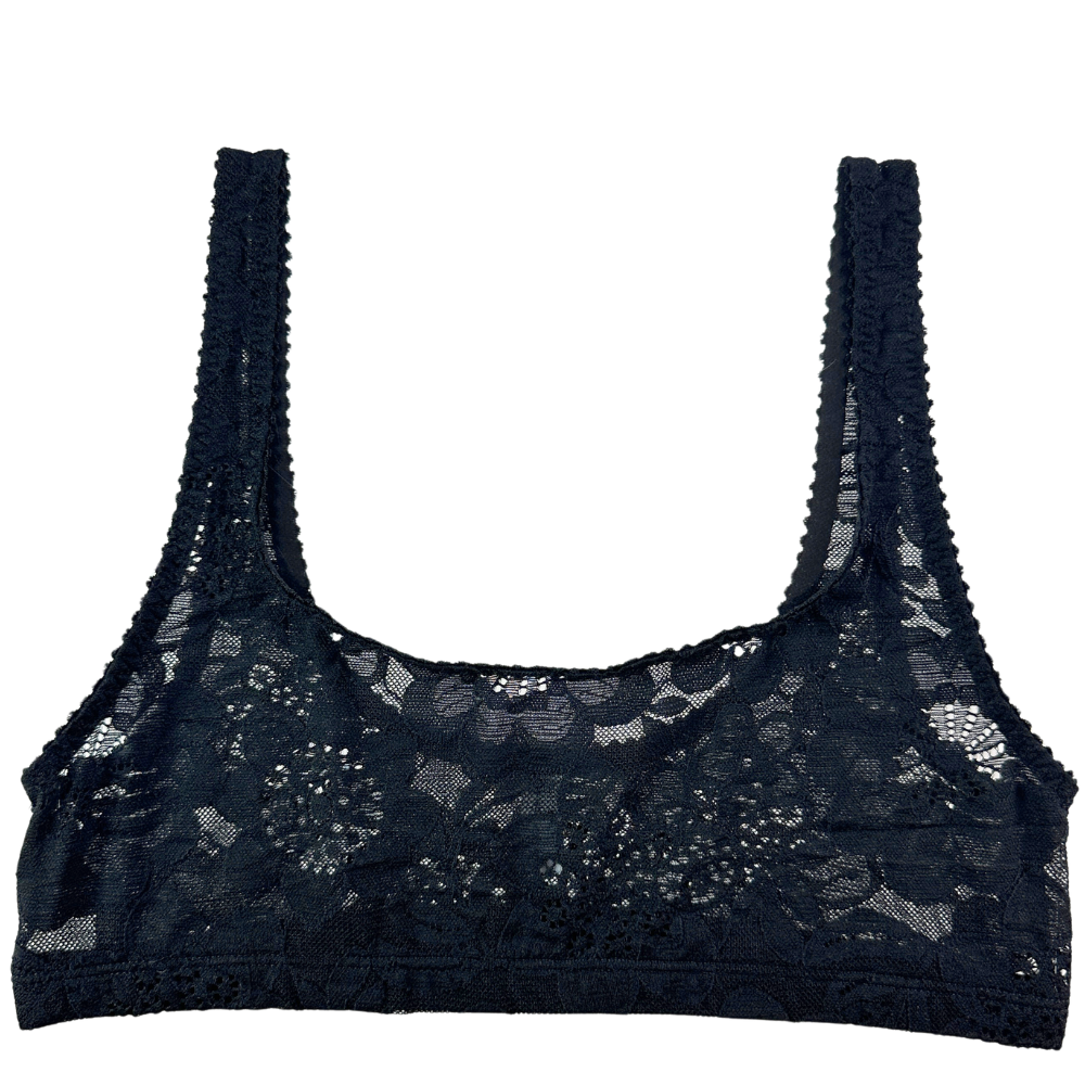 A dark navy blue lace bralette with wide straps and a scoop neckline, shown flat against a solid white background.