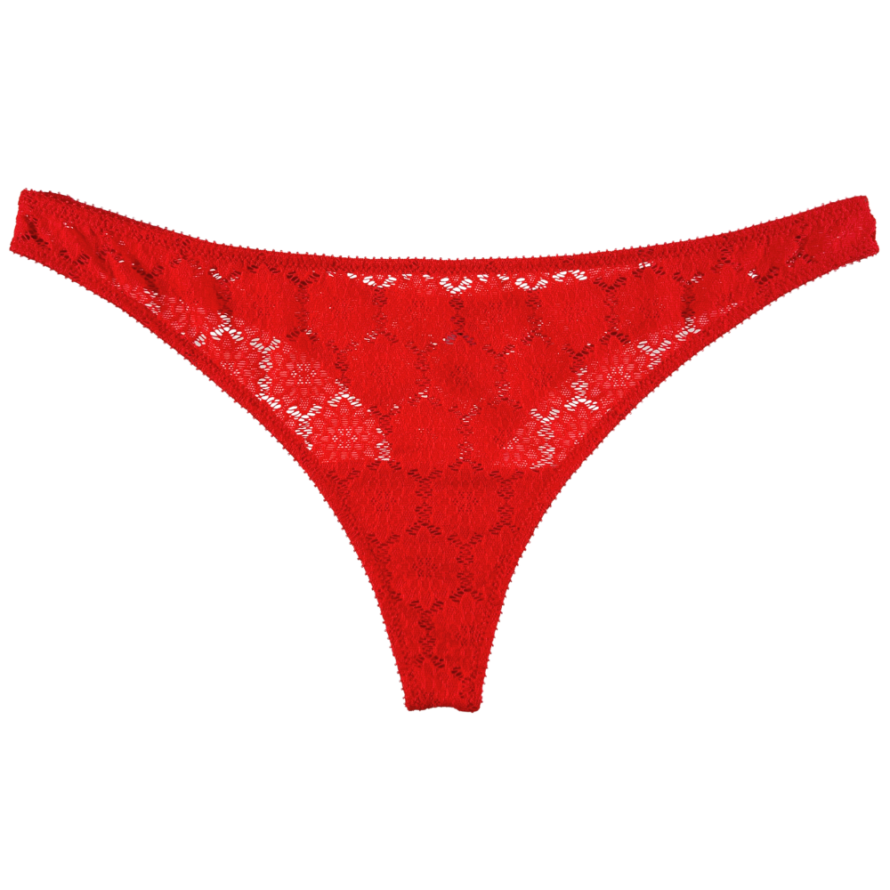 Red lace thong underwear with a textured floral pattern, shown flat against a solid white background.