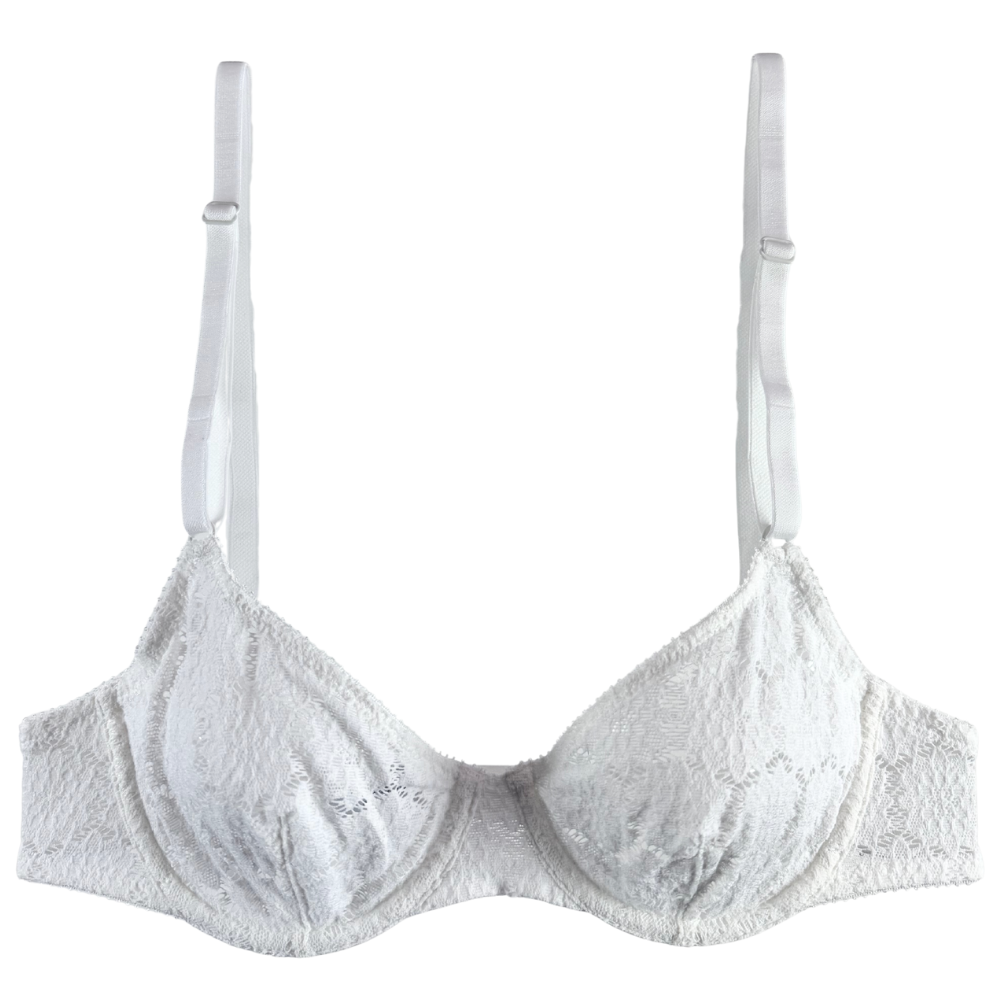 White bra with lace details on a white background