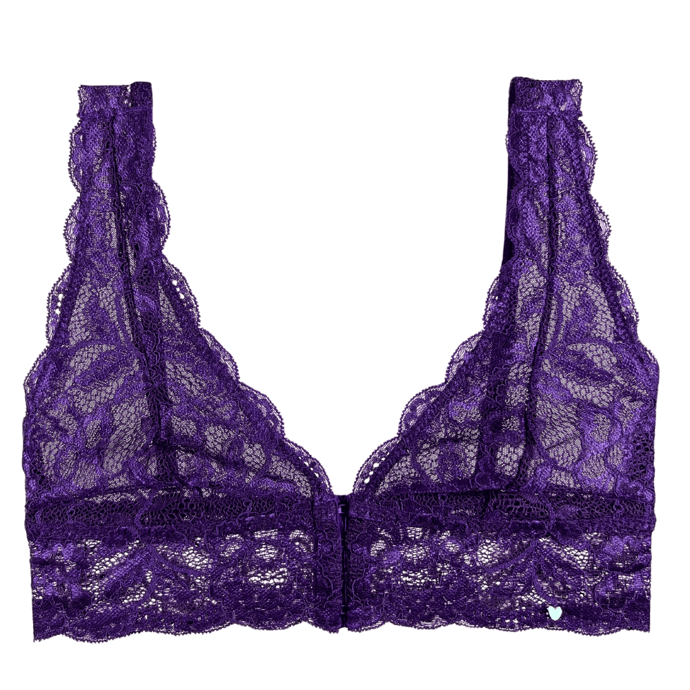Clo intimo fortuna lace front closure bralet in plum purple, close-up on white background.