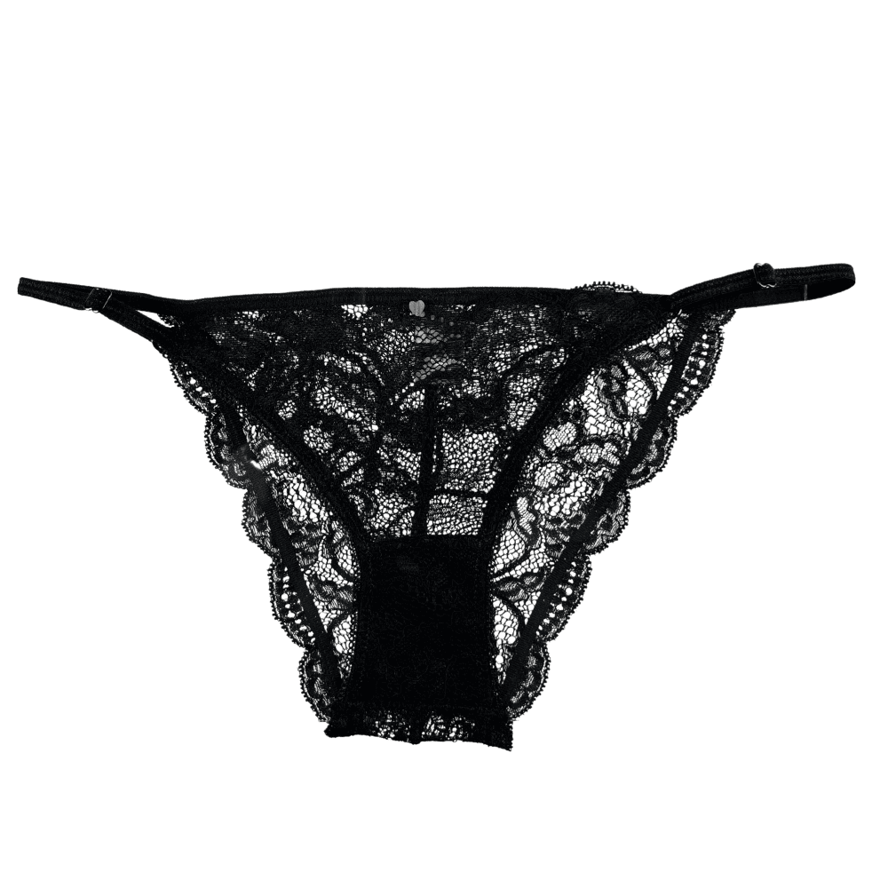 Clo intimo fortuna string bikini in black, close-up on white background.