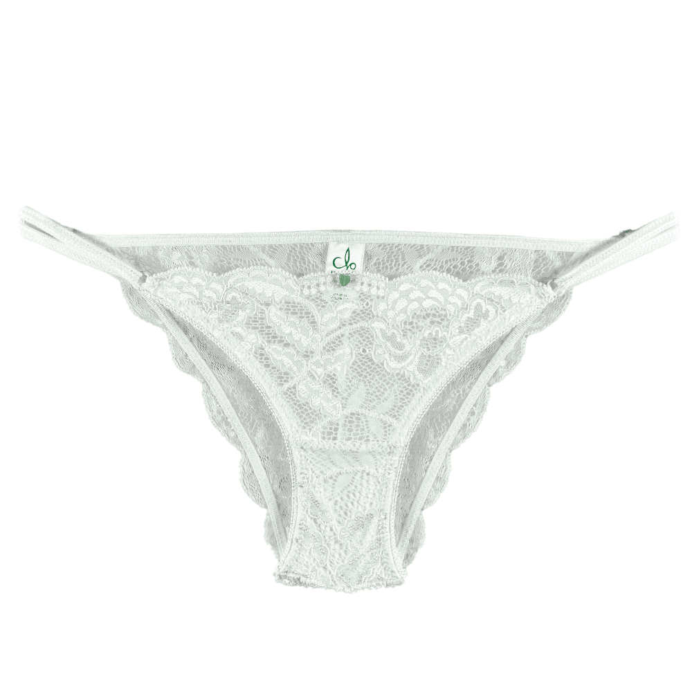 Clo intimo fortuna string bikini in white, close-up on white background.