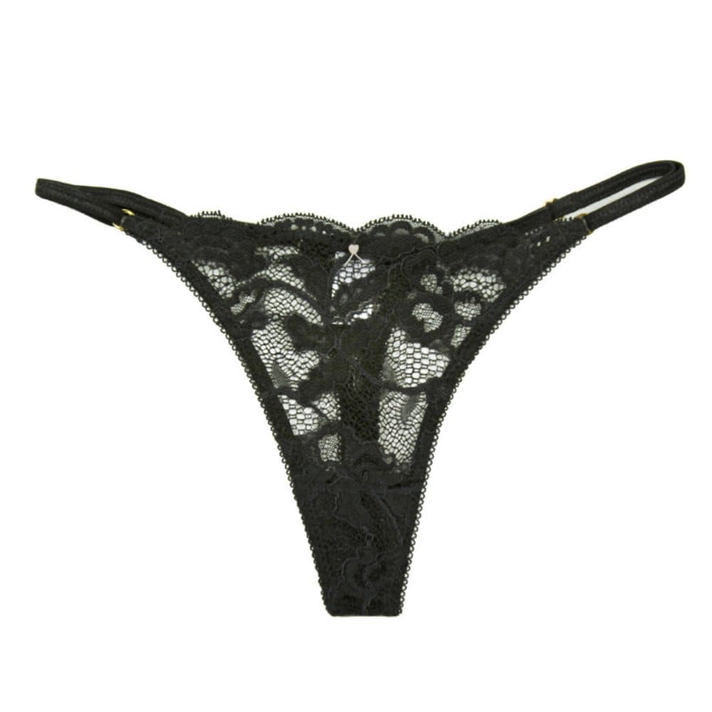 Clo intimo fortuna string thong in black, close-up on white background.