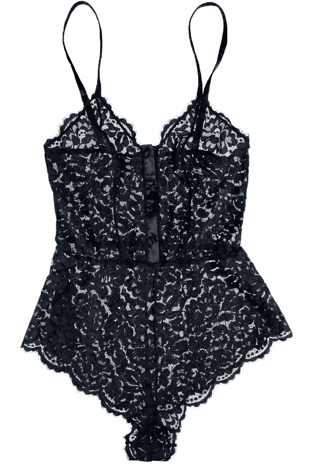 Cosabella magnolia romper in black, white background, close-up.